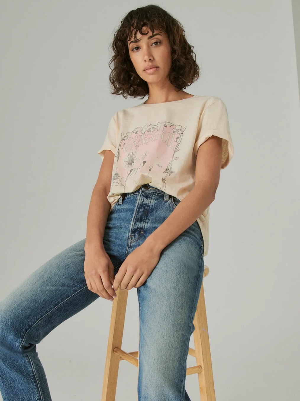 Nwt Lucky Brand Grateful Graphic Tee - Cream With Pastel Print